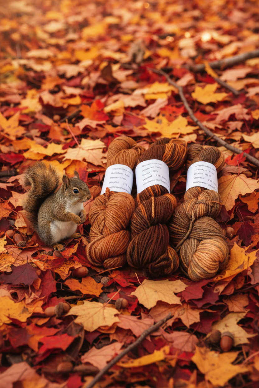 Autumn Merino Skeins with Fallen Leaves, Acorns & Squirrel