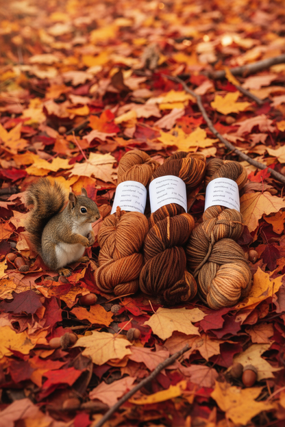 Autumn Merino Skeins with Fallen Leaves, Acorns & Squirrel