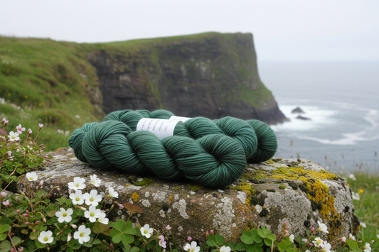 Baby Alpaca Silk Skeins on Coastal Rock with Shamrock