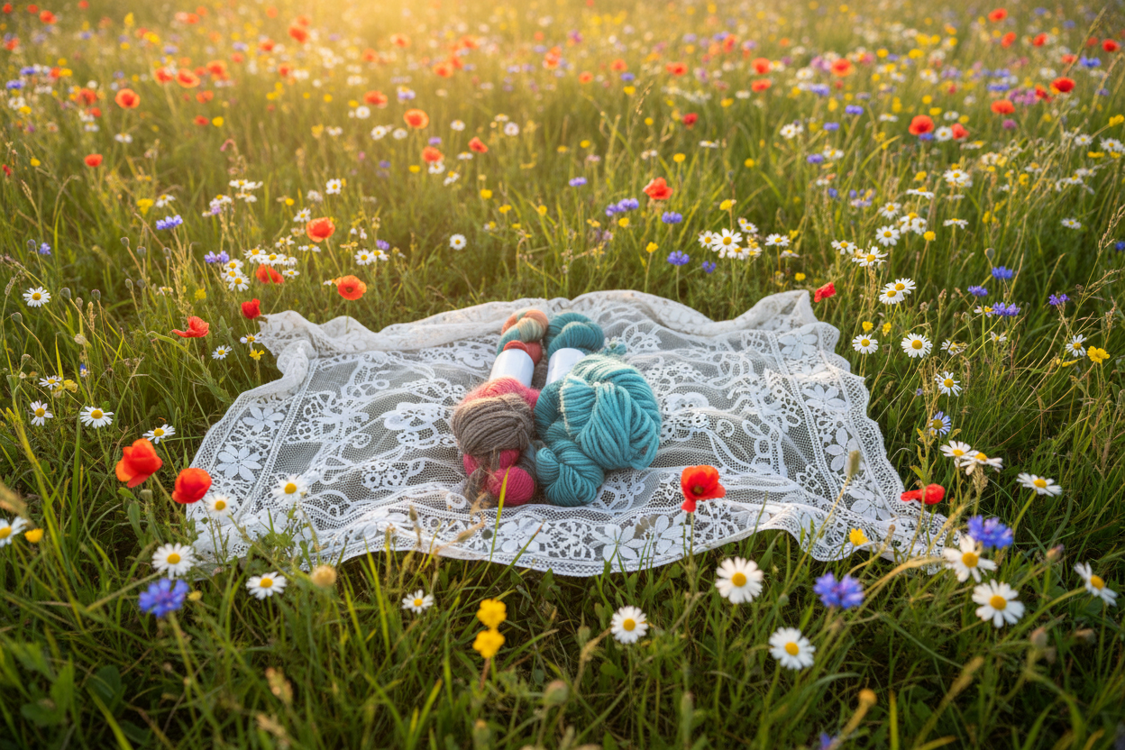 Baby Alpaca Silk Skeins on Lace Shawl in Wildflower Meadow