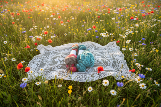 Baby Alpaca Silk Skeins on Lace Shawl in Wildflower Meadow