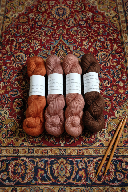 Baby alpaca silk yarn skeins on Persian rug with knitting needles