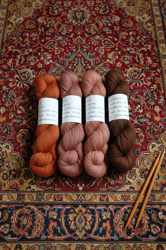 Baby alpaca silk yarn skeins on Persian rug with knitting needles