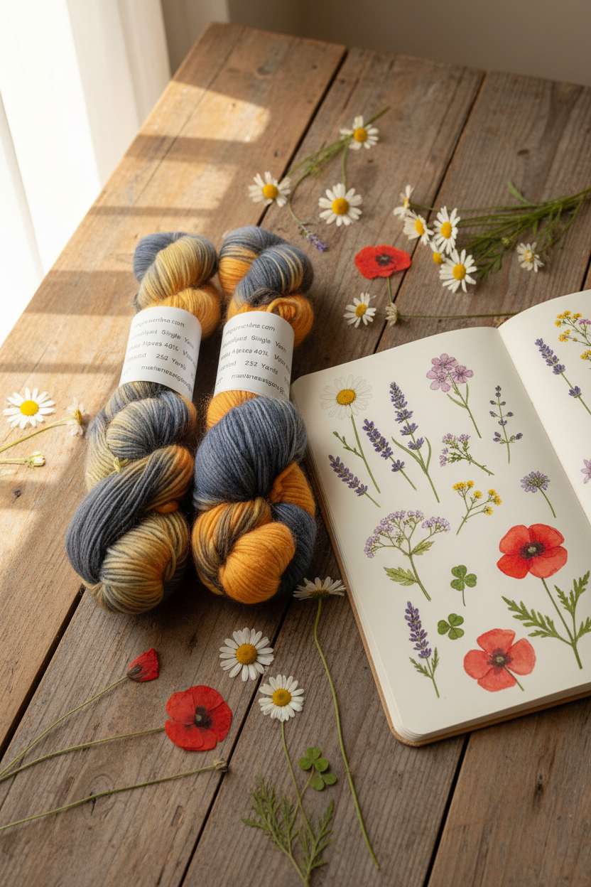Baby alpaca silk yarn skeins on rustic table with sketchbook and wildflowers