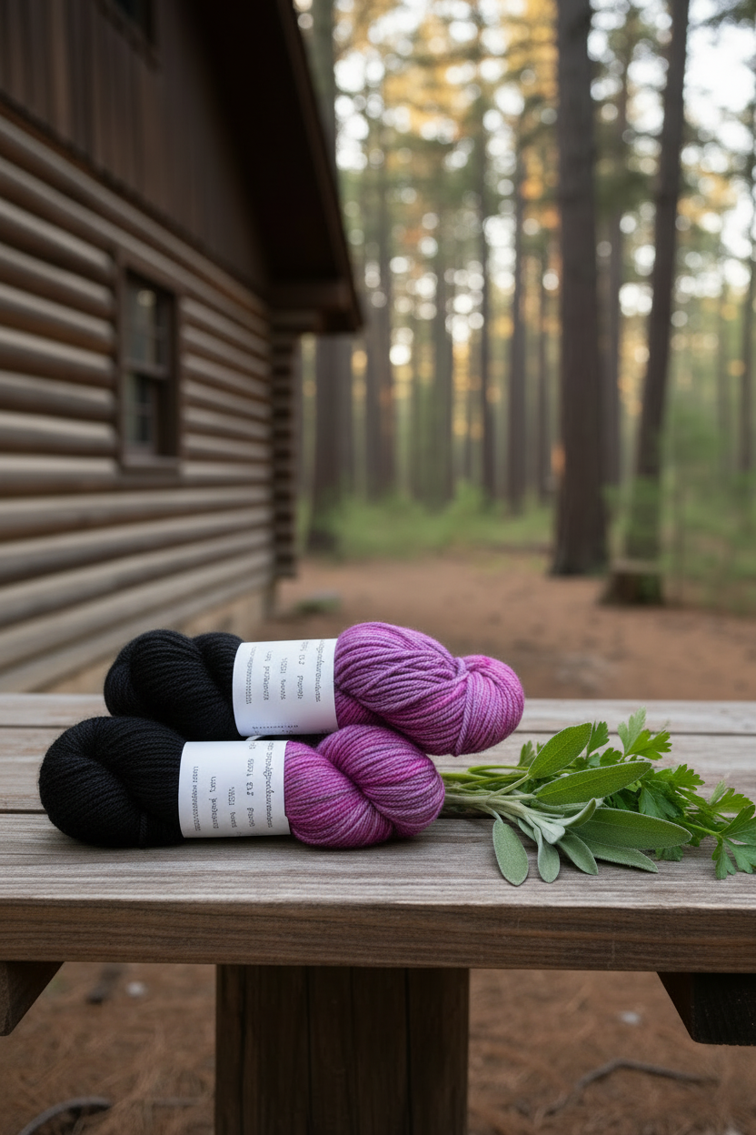 Black merino yarn skeins laying flat on wooden table with sage and parsley outside log cabin