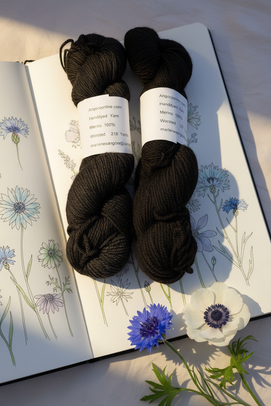 Black merino yarn skeins on wildflower sketchbook with blue and white flowers