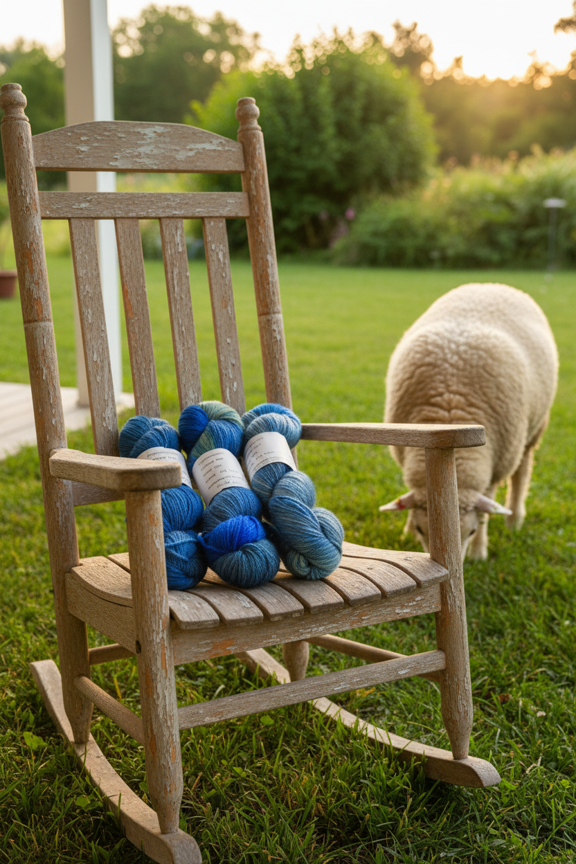 Blue merino yarn skeins on wooden rocking chair with merino sheep grazing nearby