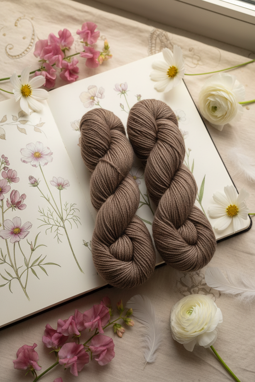 Brown merino yarn skeins on wildflower sketchbook with mauve pink, white flowers and feathers