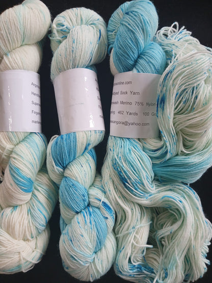 Hand Dyed Speckled Yarn, Turquoise blue, SW Merino Nylon Fingering image 0