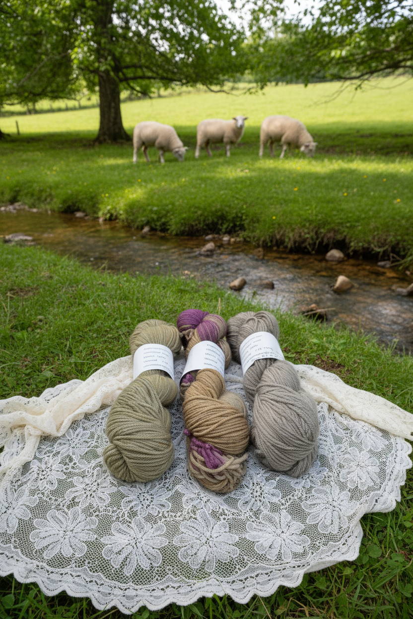 Earthy SW merino yarn skeins on white lace shawl by stream with three merino sheep