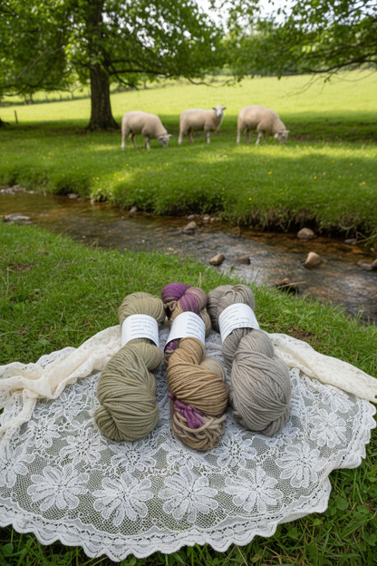 Earthy SW merino yarn skeins on white lace shawl by stream with three merino sheep