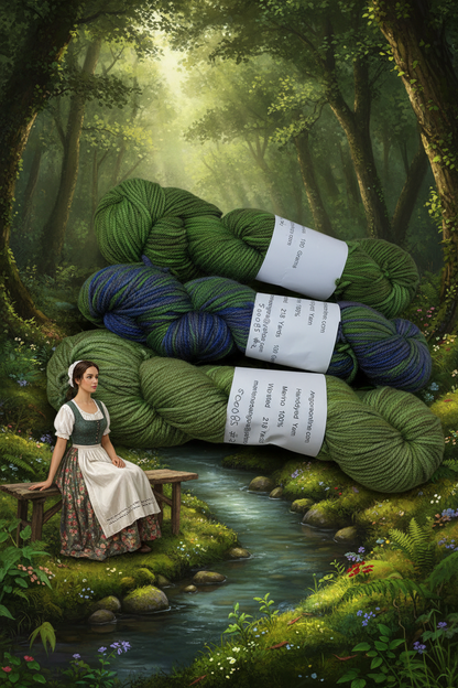 Forest green yarn skeins on moss with milkmaid by stream