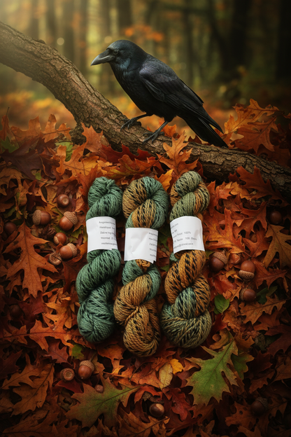 Forest green zebra highland wool skeins on oak leaves with crow on branch