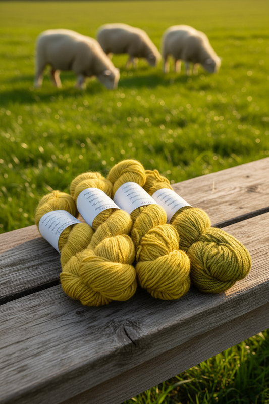 Gold and mustard merino yarn skeins on wooden bench with merino sheep pasture