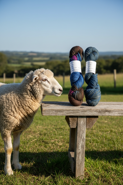 Hand-dyed merino yarn skeins on wooden bench with merino sheep nearby