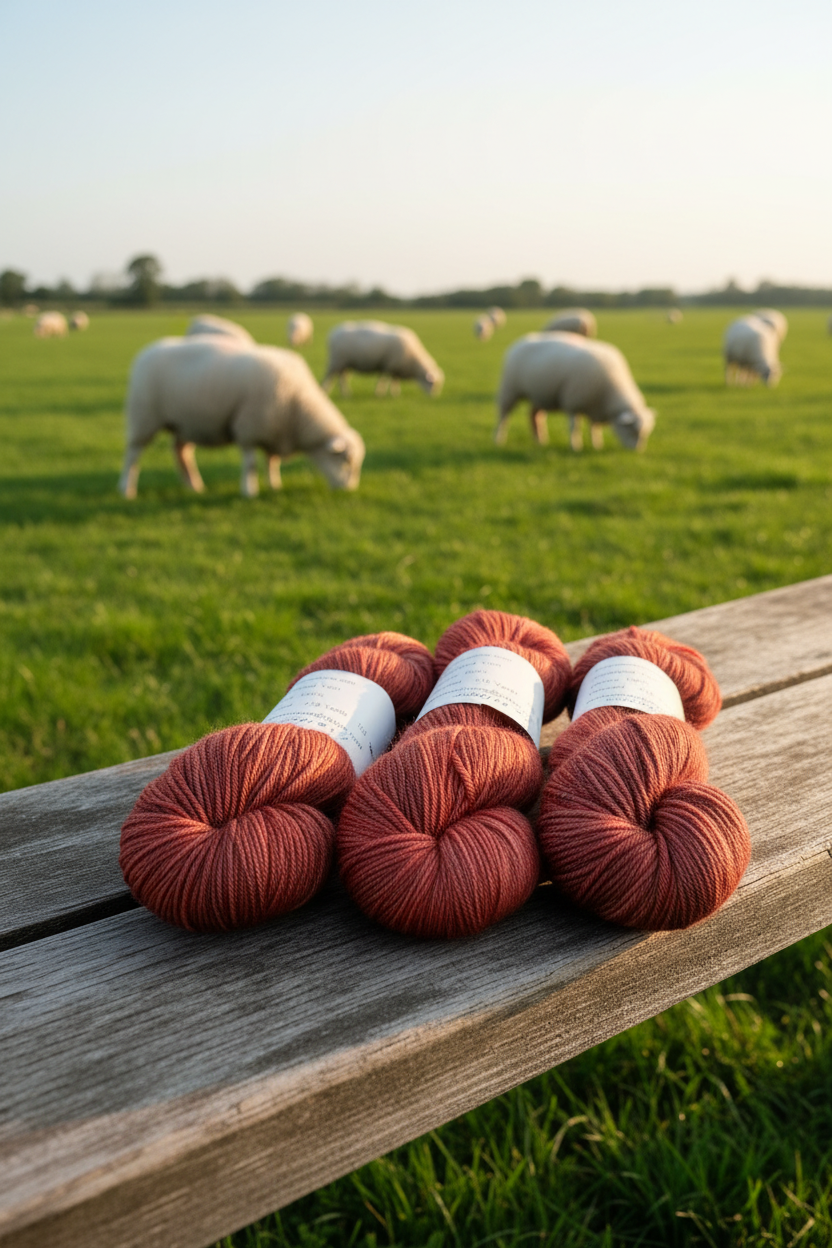 Hand-dyed merino yarn skeins on wooden bench with merino sheep pasture