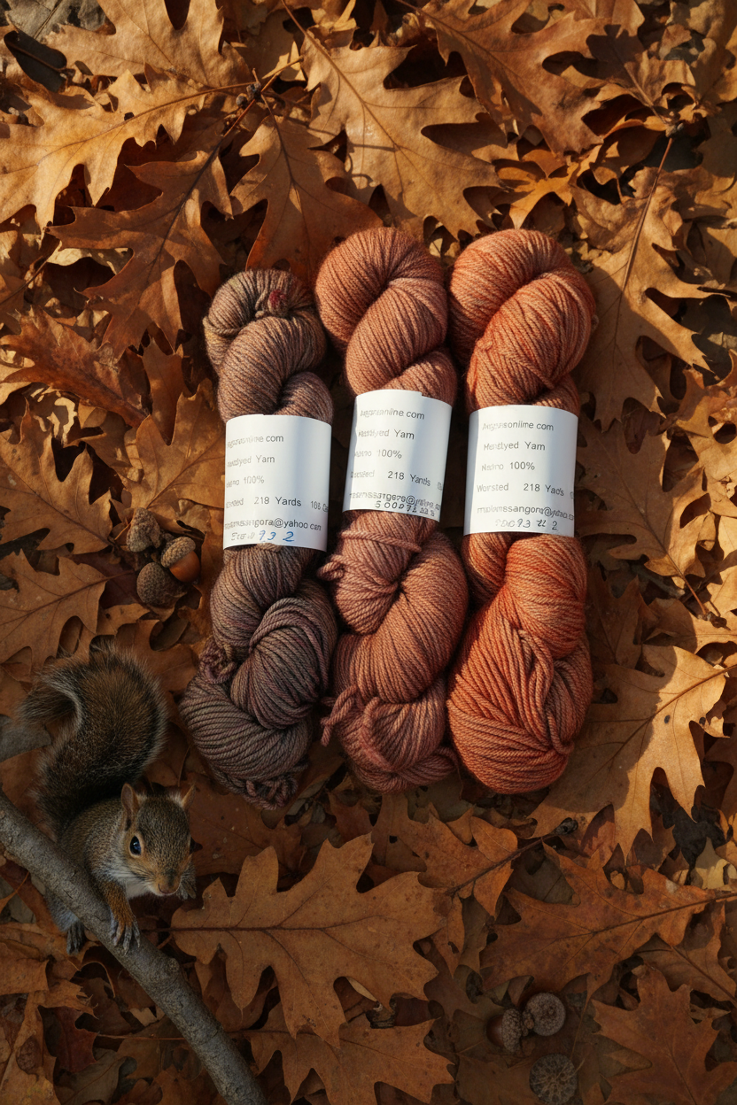 Hand-dyed yarn skeins on fallen oak leaves with squirrel