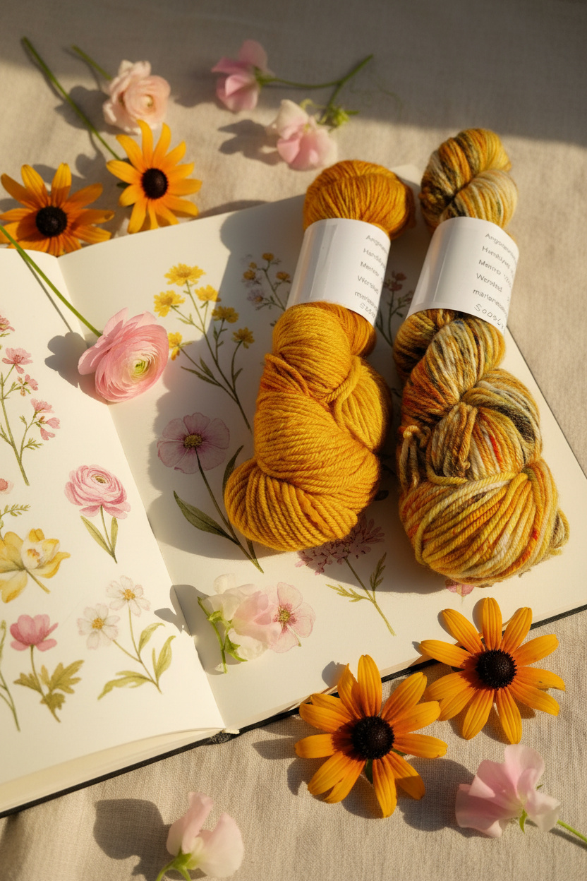 Merino Skeins on Wildflower Sketchbook with Golden Florals
