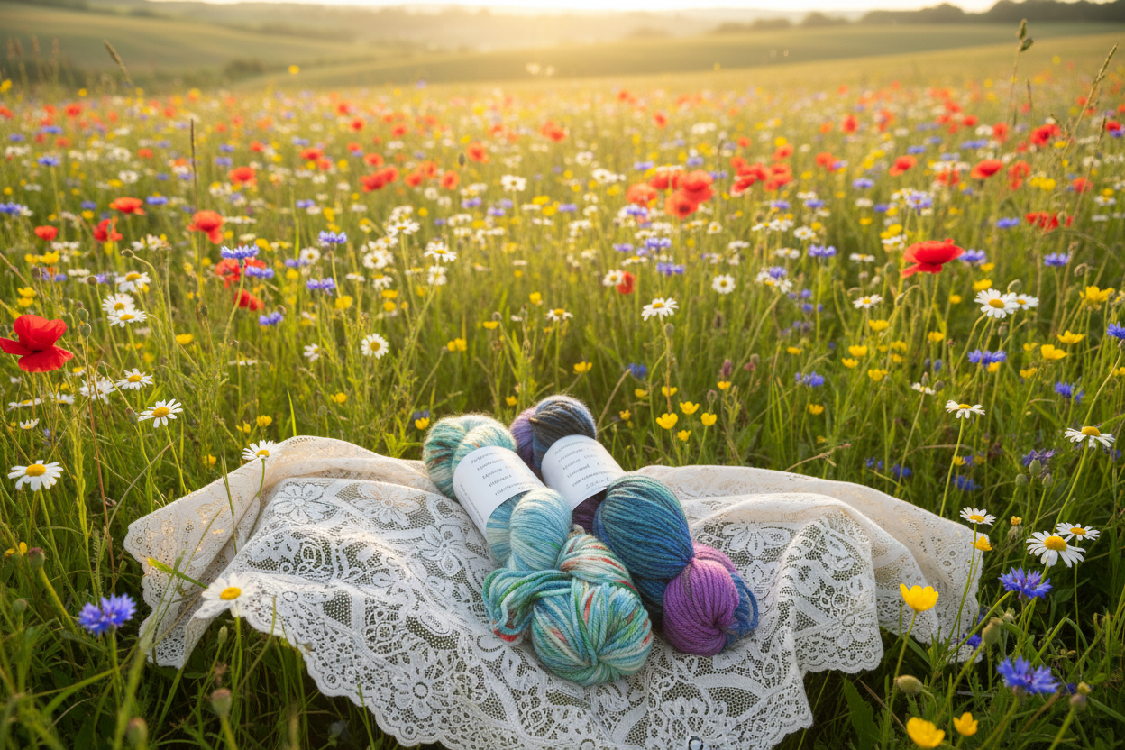 Merino yarn skeins on lace shawl in wildflower field