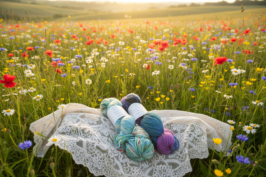 Merino yarn skeins on lace shawl in wildflower field