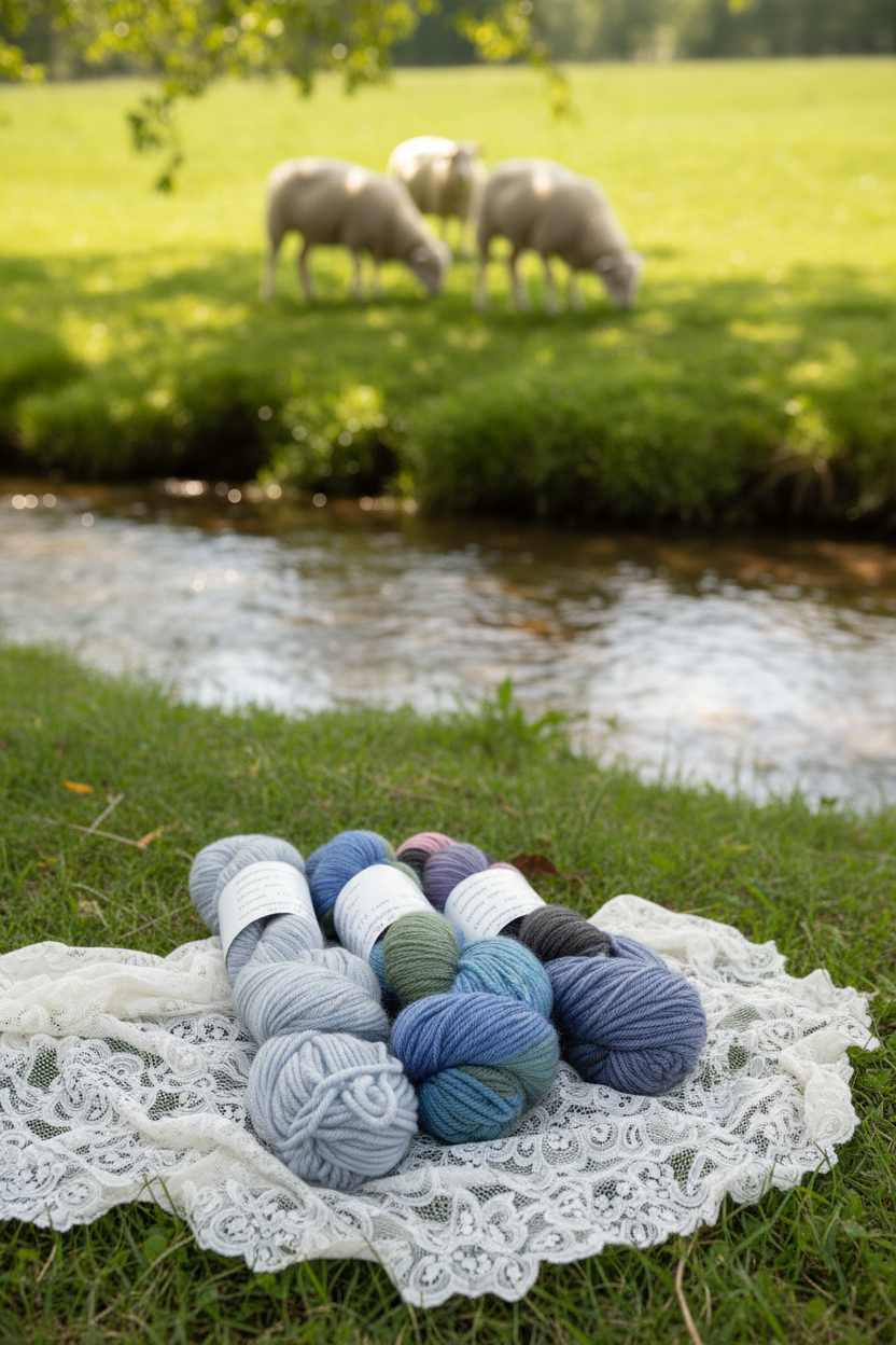 Merino yarn skeins on white lace shawl by stream with three merino sheep in pasture