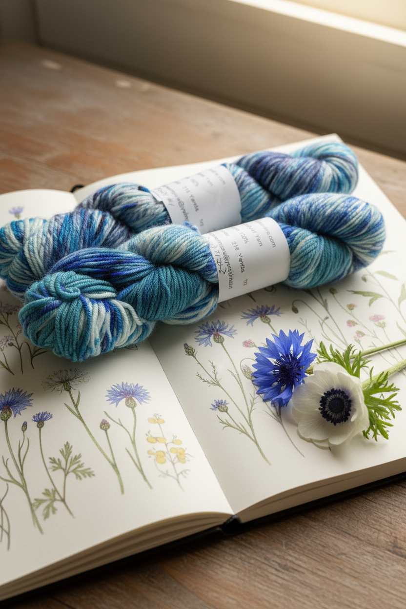 Merino yarn skeins on wildflower sketchbook with blue and white flowers