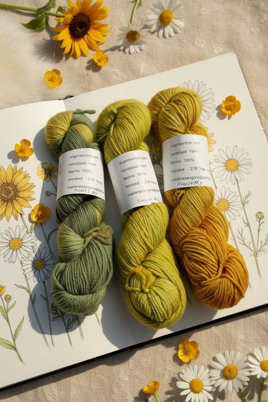 Merino yarn skeins on wildflower sketchbook with golden yellow and white flowers