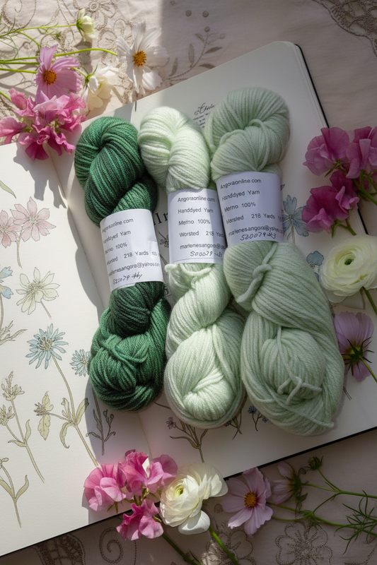 Merino yarn skeins on wildflower sketchbook with mauve pink and white flowers