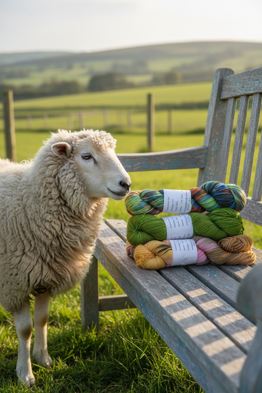 Multi-color merino yarn skeins on wooden bench with merino sheep nearby