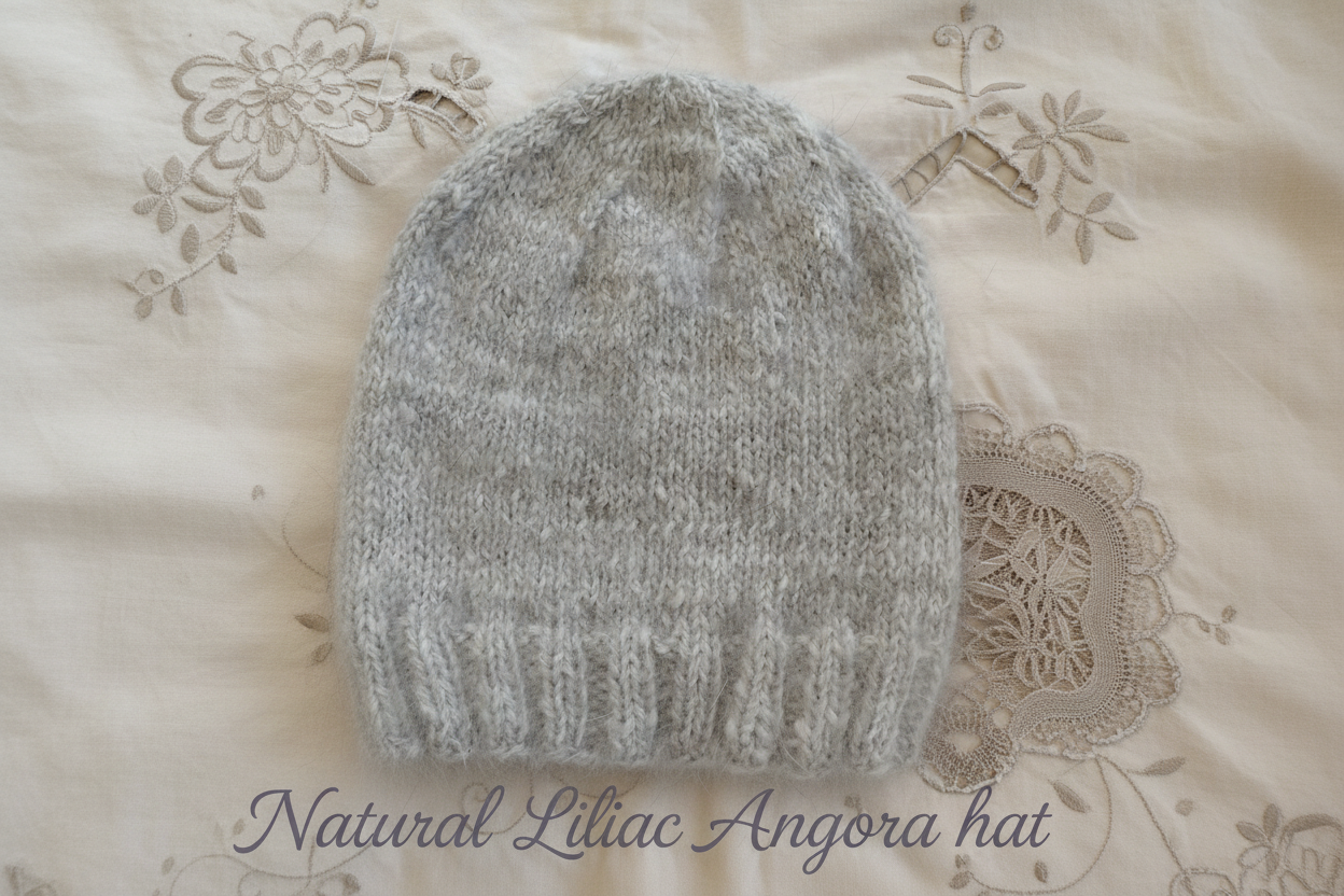 Natural Lilac Angora hat with text