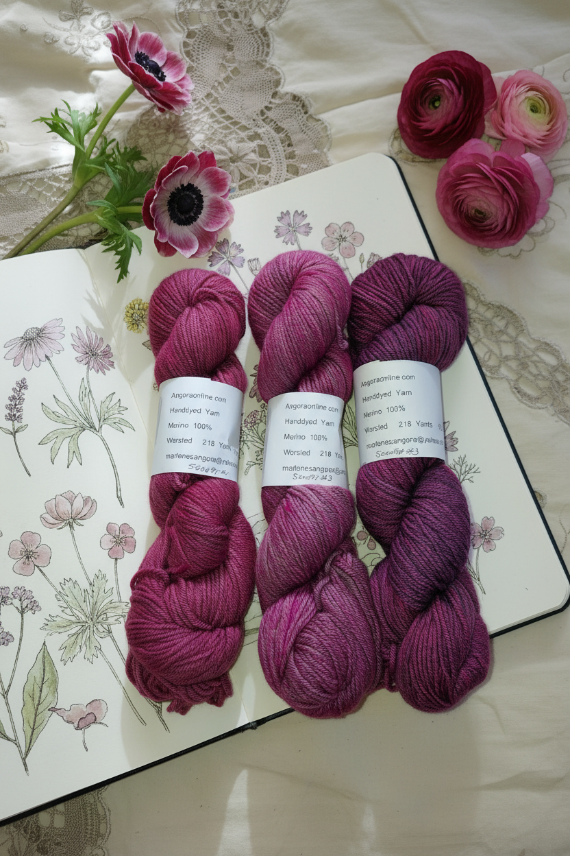 Pink and burgundy merino yarn skeins on wildflower sketchbook with burgundy and white flowers