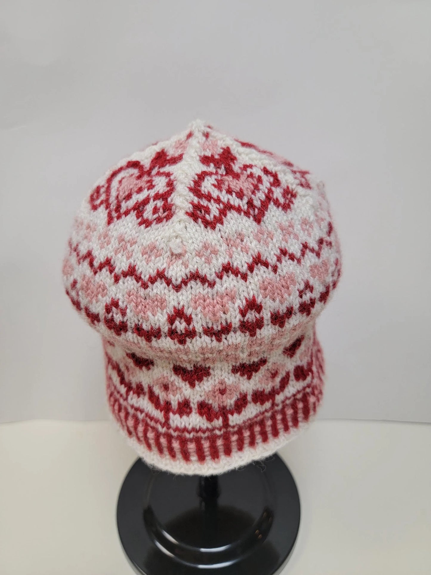 Handknit 100% Wool Soft Red Colorwork Hat