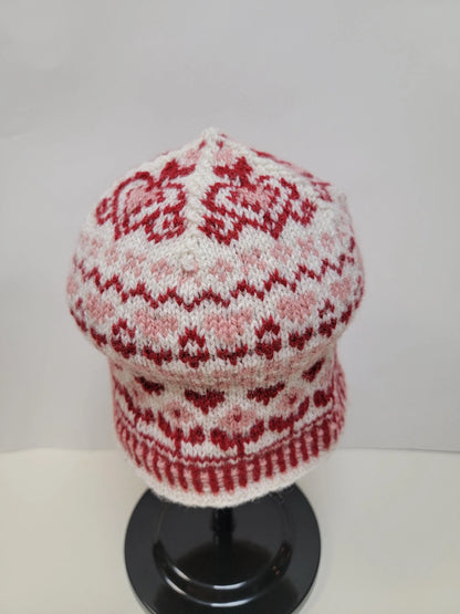 Handknit 100% Wool Soft Red Colorwork Hat