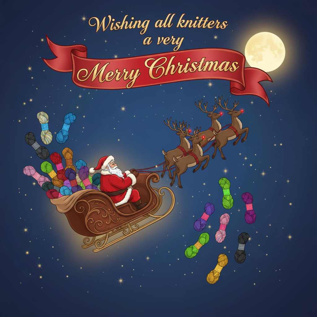 Santa's sleigh with hand-dyed sock yarns and Christmas banner