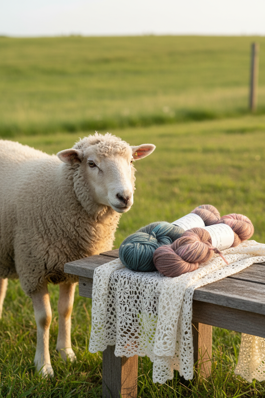 SW merino yarn skeins on lace shawl on wooden bench with merino sheep nearby