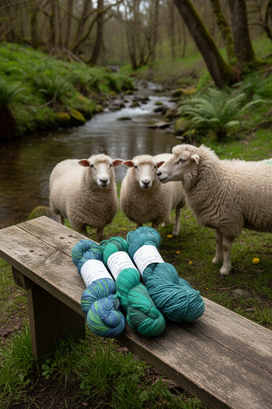 Teal, green and blue merino yarn skeins on bench by stream with three merino sheep