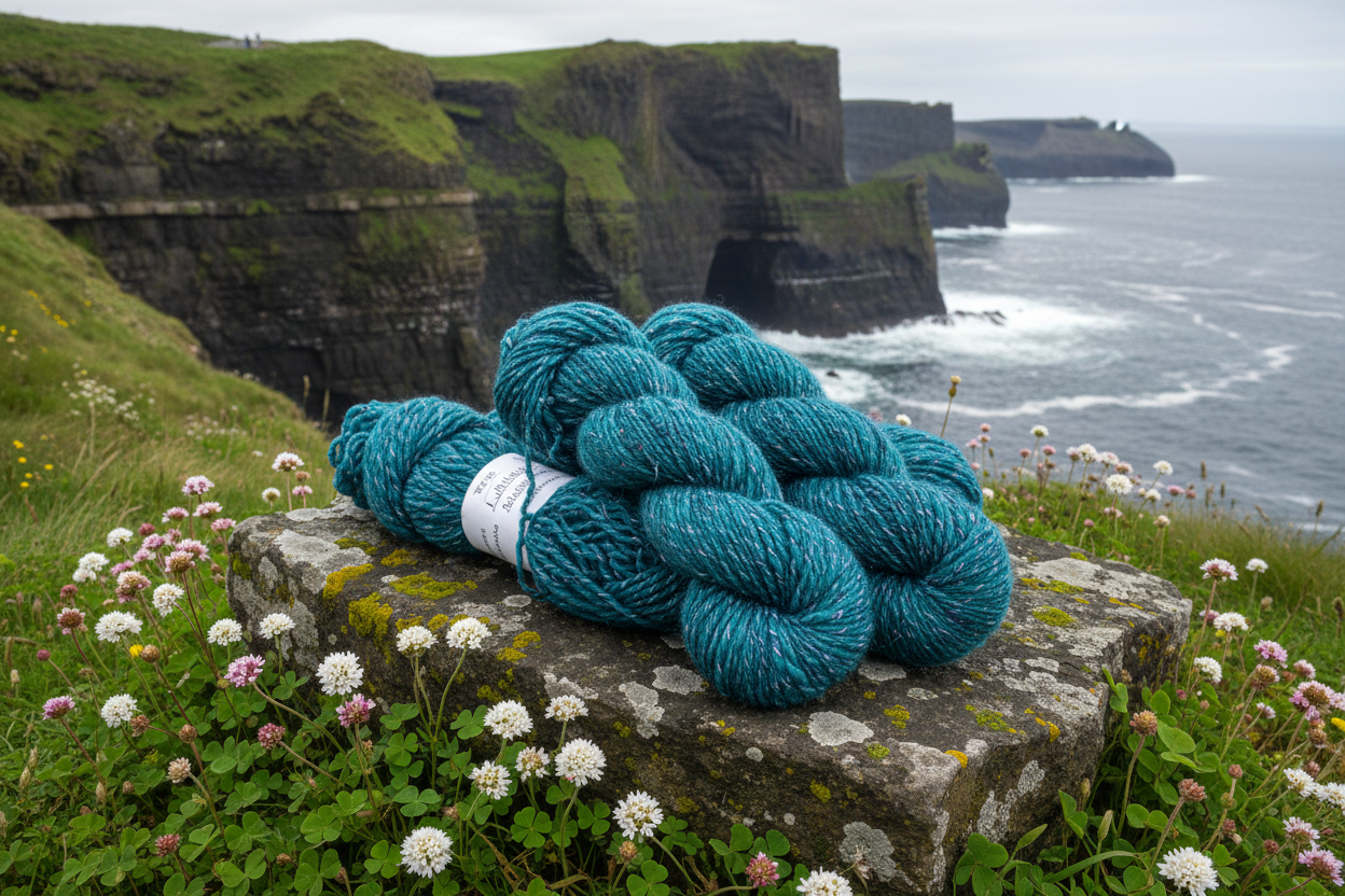Teal Merino Cotton Skeins on Coastal Rock with Shamrock