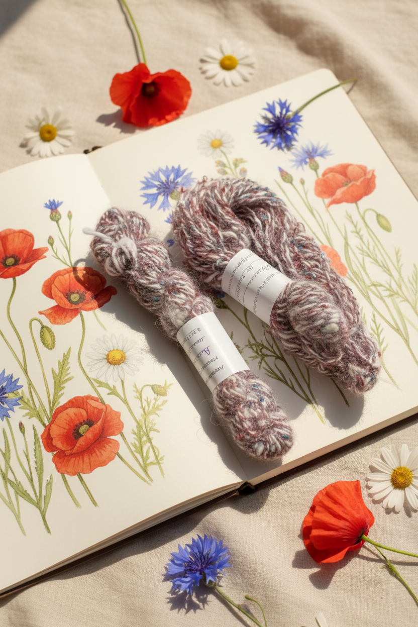 White Angora Skeins on Wildflower Sketchbook with Red & Blue Flowers