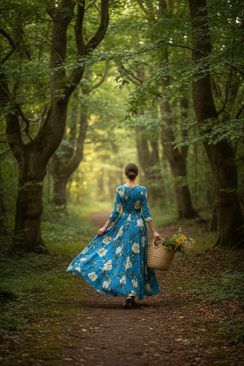Woman in blue floral dress with straw basket walking into forest