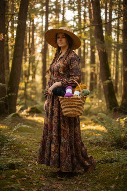 Woman in paisley dress and straw hat carrying basket of black merino yarn skeins