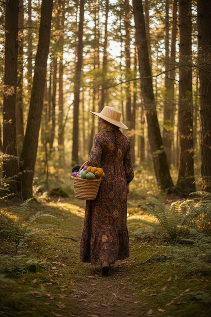 Woman in paisley dress and straw hat walking forest path with yarn basket
