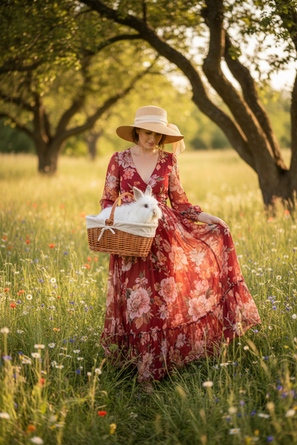 Woman in Red Floral Dress with Angora Bunny