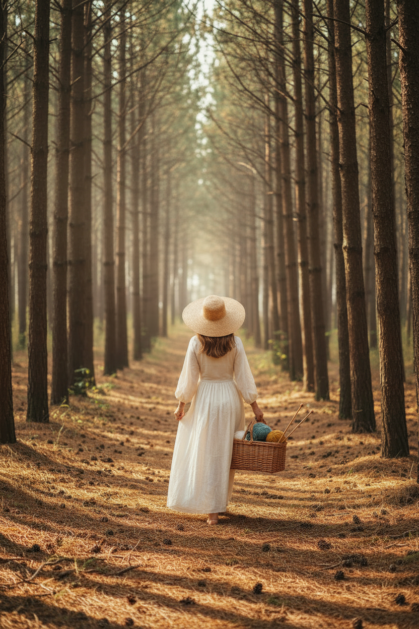Woman in straw hat with knitting basket walking into pine forest