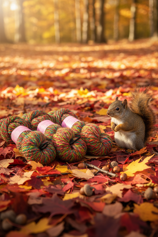Wool Mohair Skeins on Autumn Leaves with Squirrel