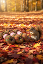 Wool Mohair Skeins on Autumn Leaves with Squirrel