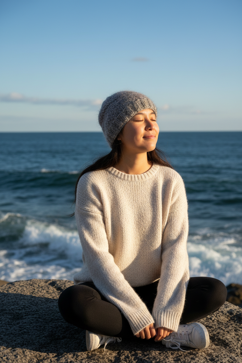 Young Asian woman on rock by the sea wearing black angora hat