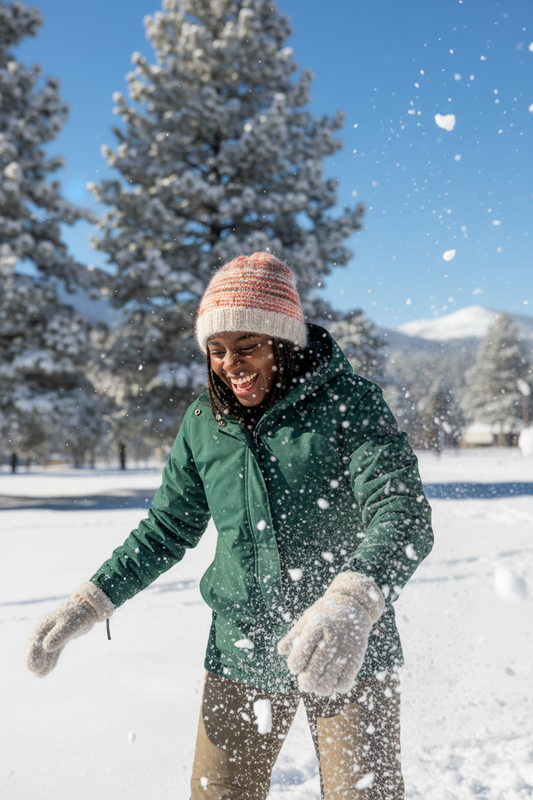 Young Black woman in snowball fight wearing angora rabbit hat