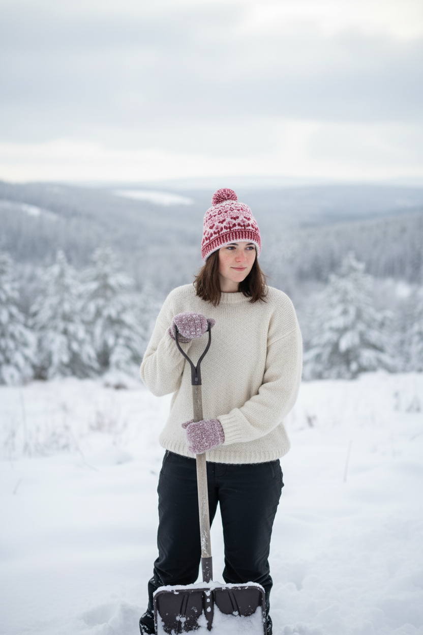 Young woman in snow with shovel wearing red colorwork hat