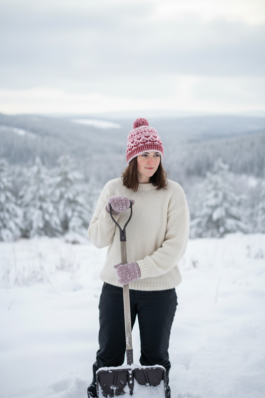 Young woman in snow with shovel wearing red colorwork hat