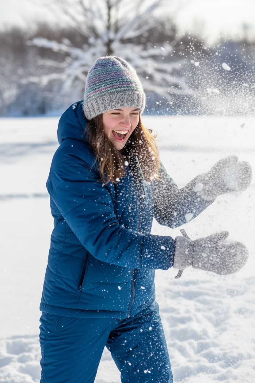 Young woman in snowball fight wearing colorwork hat
